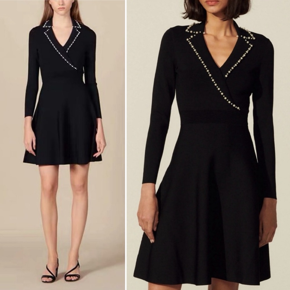 Sandro Paris Suity Black Knit Pearl Collar Flare Dress FR 34 / Women’s XS